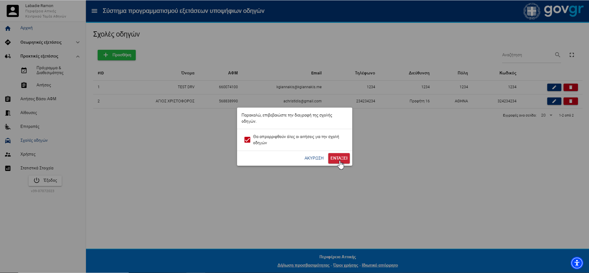 Εικόνα διαγραφής κάποιας σχολής οδηγών