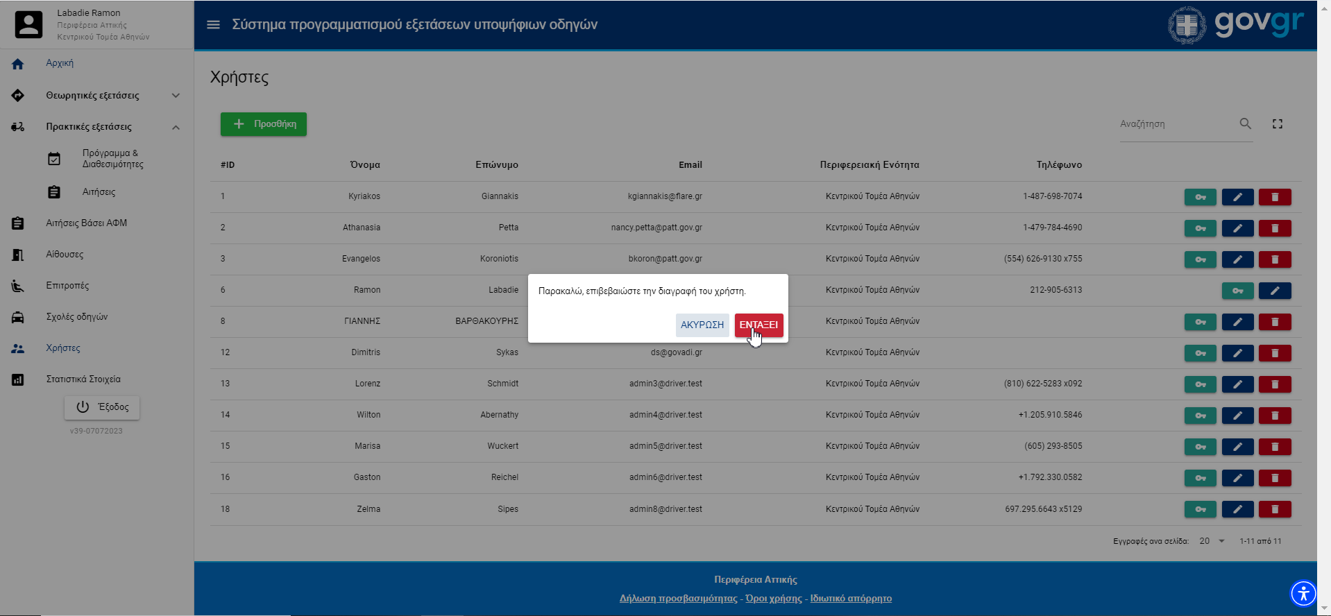 Εικόνα διαγραφής ενός χρήστη