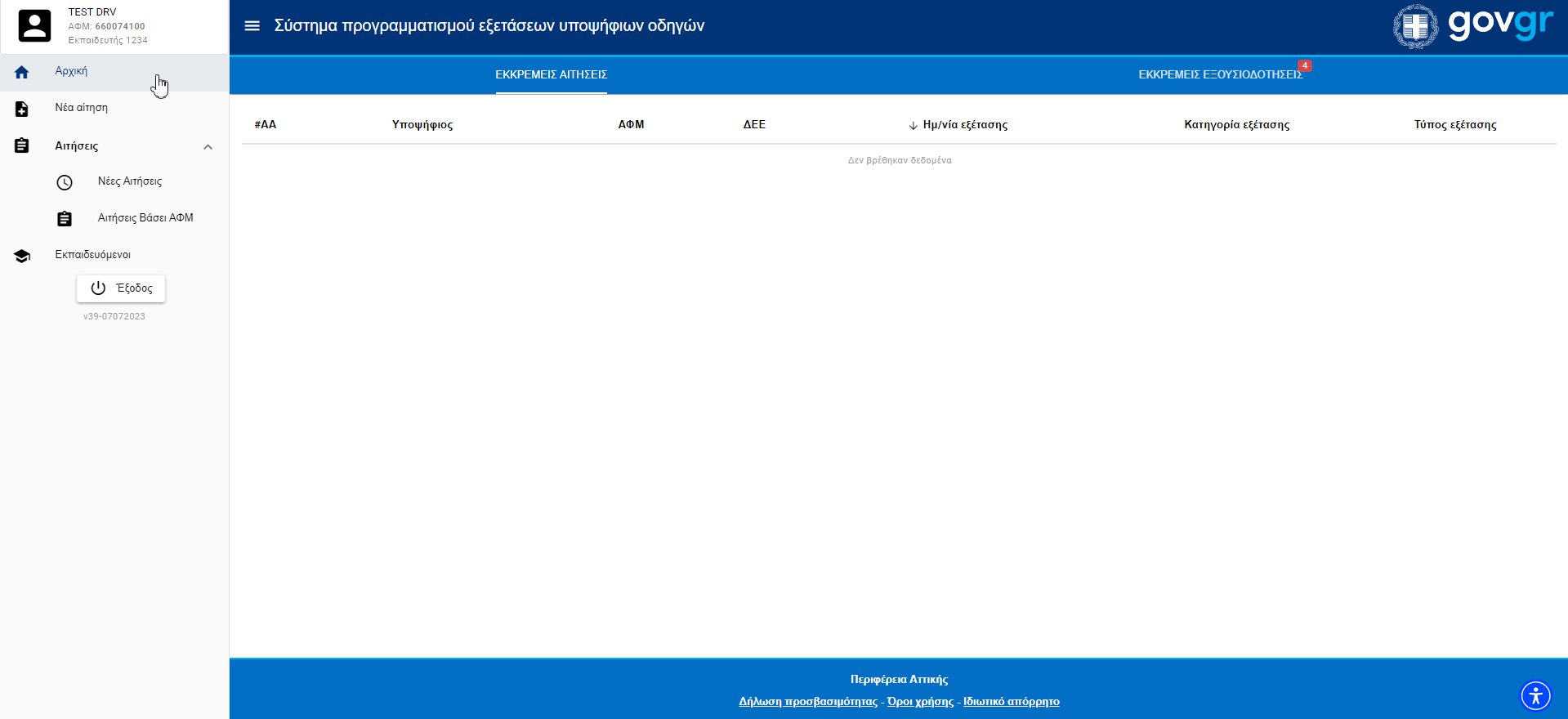 Εικόνα αρχικής σελίδας με εκρεμές αιτήσεις