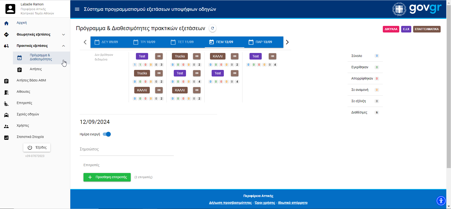 Εικόνα προγράμματος και διαθεσιμότητας πρακτικών εξετάσεων